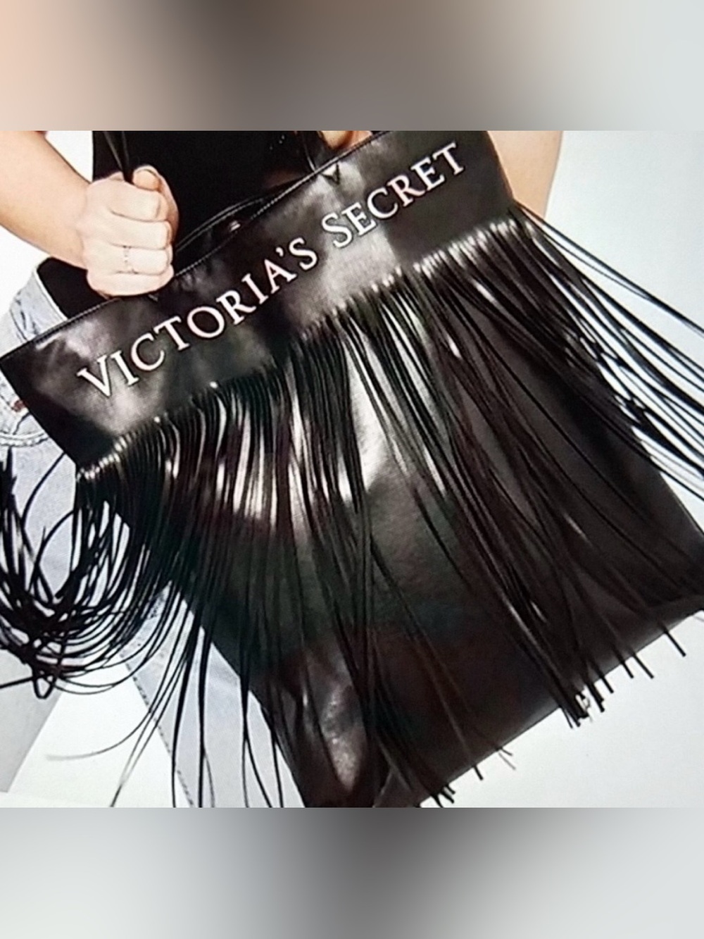 VICTORIA’S SECRET Limited Edition Black Vegan Leather Fringe Tote